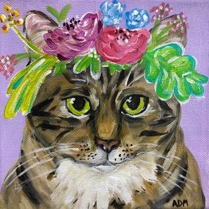 CUSTOM 6x6 Boho style dog cat portrait canvas art floral crown